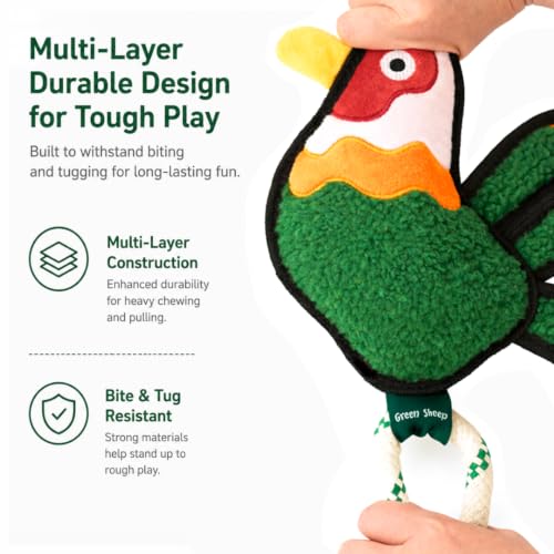 Green Sheep Squeaky Plush Dog Toy, Interactive Rope Toy with Recycled Materials for Tug, Fetch and Play, Medium to Large Dogs, Chew Toy, Cock - color: Rooster