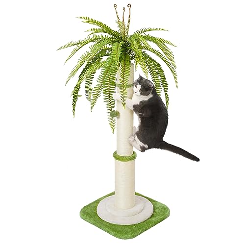 42" Tall Palm Tree Cat Scratching Post - Heavy Duty Coconut Cat Scratcher for Large Cats, Cute Green Sisal Rope Vertical Scratching Pole with Dangling Ball, Stable & Decorative Furniture (106cm)