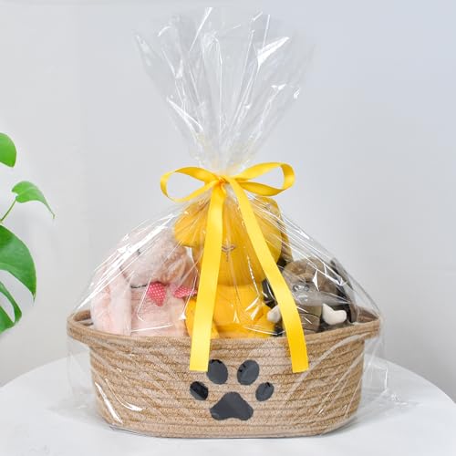 Small Woven Dog Toy Basket with Handle, Cute Paw - color: jute