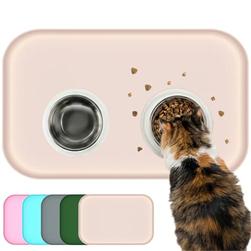 BLESWIN Waterproof Silicone Pet Feeding Mat with Raised Edge,Non-Skid Spill Proof Dog Bowl Mats, Easy Clean Cat Bowls Placemat for Cats and Dogs - color: Beige, size: 60 x 40 cm
