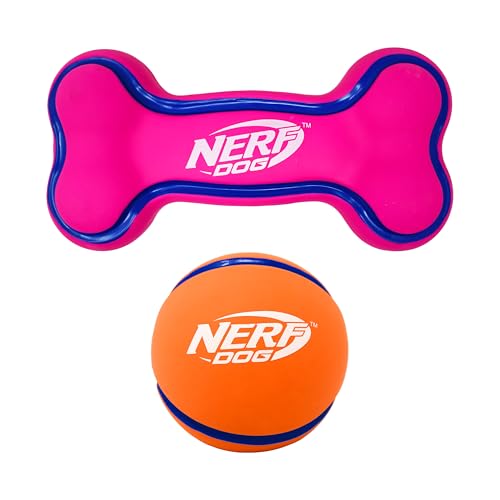 Nerf Dog 2.5in Latex Squeak Ball and 5in Latex Squeak Bone 2-Pack -Pink/Blue and Orange/Blue - size: Medium