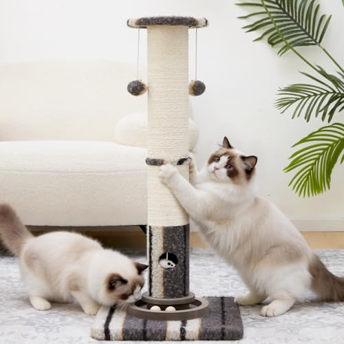 Woochpet Cat Scratching Post 34"Tall Grey Sisal Scratcher Tree With Cat Toy - color: Grey