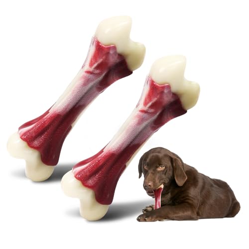2 Pack Dog Chew Toys for Aggressive Chewers - Beef Flavor Indestructible Nylon Puppy Bone Tough Teething & Calming for Large Medium Breeds(10lbs-70lbs) Birthday Gift Christmas
