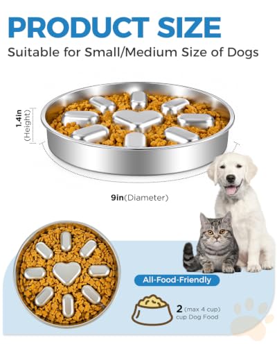 Slow Feeder Dog Bowls with Non-Slip Mat, Stainless Steel Metal Slow Feeder for Small & Medium Dogs, 2 Cups Pet Bowl for Slows Down Eating, Dishwasher Safe, Anti-Gulping Dog Bowl -2 Pack - size: 2 Cup 2 Pack