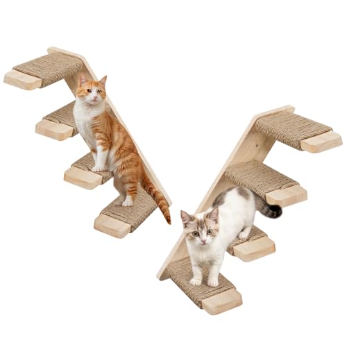 HOOBRO 2 Pack Cat Wall Shelves with Four Jute Scratching Steps, Oak Wood Cat Wall Steps/Ladder Furniture, Climbing Shelf Wall Mounted, Cat Tree Supplies, Nature NL42CS03