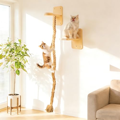 Uross 2.2" x 5.4Ft Cat Climbing Rope Wall Mounted with Jumping Platform Thick Natural Jute Rope Ladder & Scratching Post, Heavy Duty Cat Wall Furniture for Indoor Cats, Kittens & Large Cats