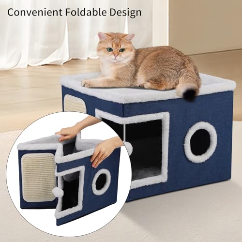 Shikha Cat House Bed for Indoor Cats with Fluffy Ball and Scratch Pad Blue - color: Blue, size: Large