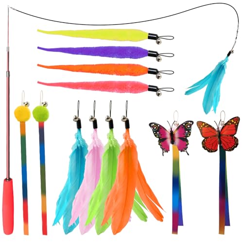 Cat Toys for Indoor Cats, 13 Packs Interactive Cat Wand Toy Set with Feather＆Ribbon Refills, Feather Toys for Exercise, Playtime and Boredom Relief with Kitten - size: 13 Packs B