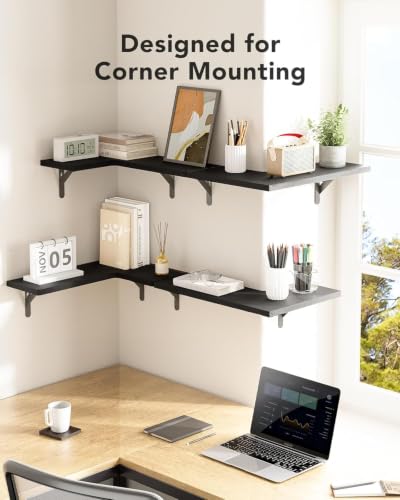 Amada Corner Floating Shelves, Paulownia Wood, Set of 4, Black - color: Black