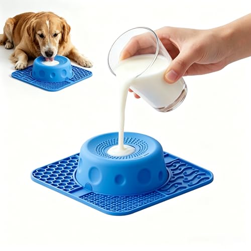Slow Feeder Dog Bowls with Rolling Ball & Lick Mat for Dogs and Cats - color: Blue-A