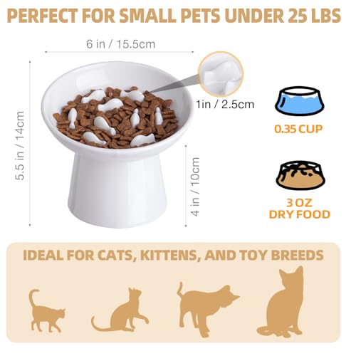 Ceramic Elevated Slow Feeder Cat Bowl - 6" Raised Cat Food Bowl for Bloat Relief & Anti-Vomiting, Whisker Friendly Ceramic Cat Slow Feeder for Indoor Cats, Kittens, Puppies - White(1pc) - color: White