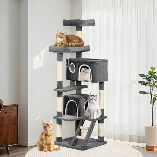 Cat Tree Tower 60 inch - Multi-Level Indoor Activity Center with Sisal Scratching Posts, Condo, Plush Perch & Hanging Toys for Kittens (Black) - color: Black
