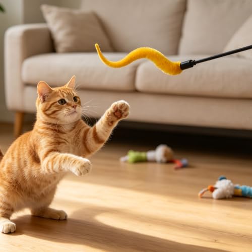6 PCS Wiggly Worm Cat Wand Toys Interactive Colorful Plush Cat Teaser Stick - color: B[Worm]