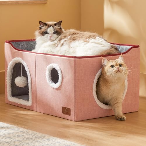 Bedsure Extra Wide Cat House Bed with Fluffy Ball and Scratch Pad,Pink - color: Pink, size: Widen