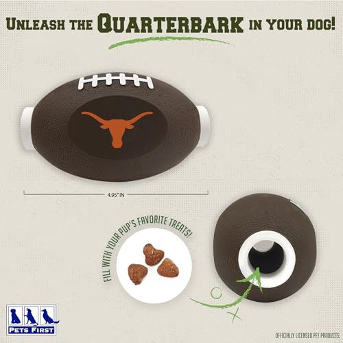 Pets First NCAA Texas Longhorns Football Treat Dispensing Toy for Dogs and Cats, Rubber Ball Pet Toy, Interactive Fun Doggie Treat Toy, Natural Rubber Feeding Toy (TX-3622) - color: Texas Longhorns