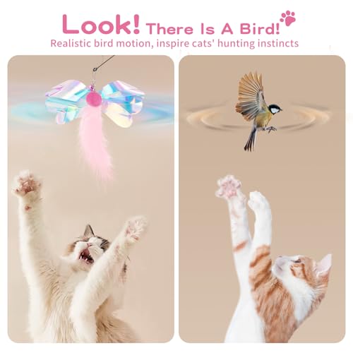 Pawaboo Cat Feather Wand Interactive Toy, 2 Feathers + 1 Wand with Bell - color: Pink Butterfly
