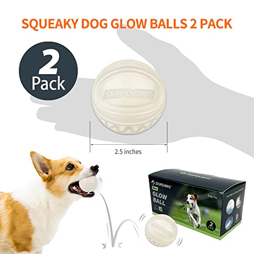 SKIPDAWG Interactive Dog Glow Balls, Rubber Balls Light Up in the Dark, Dog Toys Squeaky Ball Durable TPR Light Weight, Bouncy Glowing Ball Size 2.5 Inches, 2 Pack