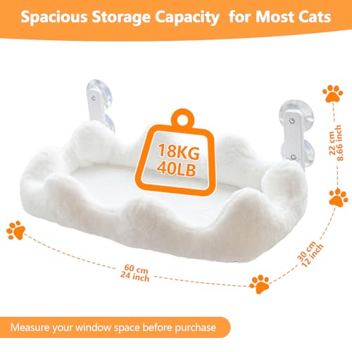 Homegroove Cat Window Perch, 24 x 12 Inch Foldable Cat Hammock for Window with 4-Sided Bolster & 4 Large Suction, Cloud Shape Cordless Window Bed for Indoor Cats (White, Large(24'' x 12'')) - color: White