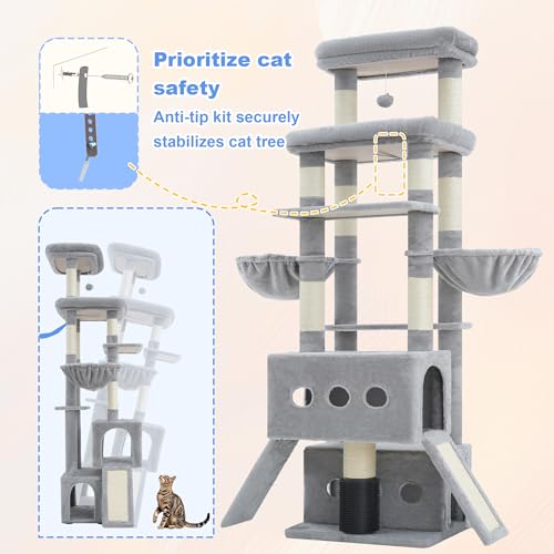 Hey-brother Cat Tree Tower with Multi-Level Platforms, Cozy Condos, MPJ085W - color: Light Gray, size: 71.5 Inches