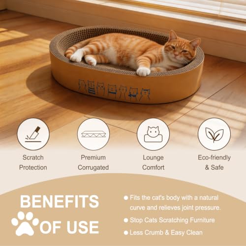 Comoney Cat Scratcher Bed 3 Pack, Oval Corrugated Cardboard Cat Scratch Pads for Indoor Cats with Grooming Brush, Round Cat Scratching Board Lounge Furniture Protector - size: 17.7" x 12.6" x 5.4"