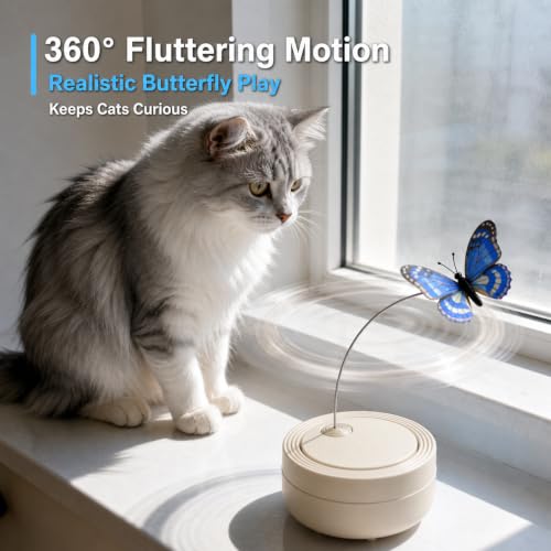 Interactive Butterfly Cat Toy for Indoor Cats, 360° Rotating Wand, Beige - color: Beige