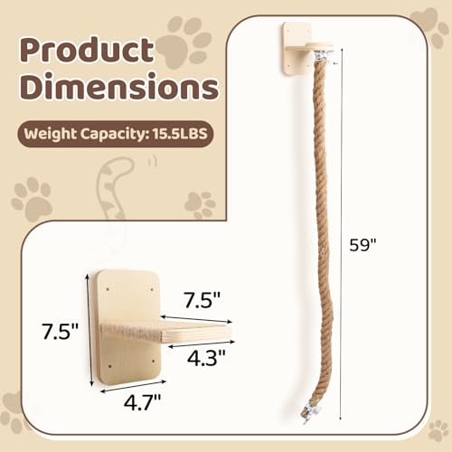 Cat Climbing Wall, Wall Mounted Cat Ladder, Cats Climbings Pole with 59in Climbing Rope, Larger and Wider Base Cats Ladder for Walls with Scratching Post (1.5m/59in Long) - size: 59 inches