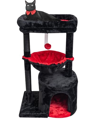 SYANDLVY Gothic Cat Tree with Coffin Bed for Indoor Cats, Modern House - color: Black & Red