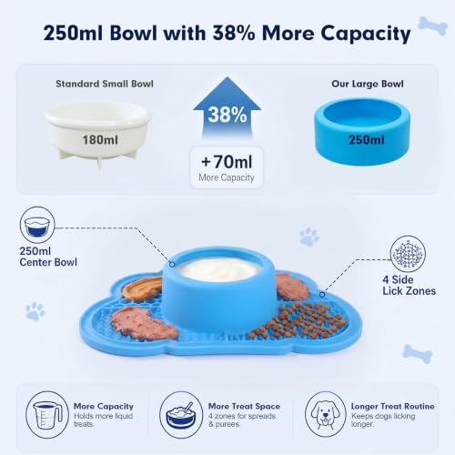 Anti-Slip Slow Feeder Dog Bowl and Lick Mat with Rolling Ball - color: Blue