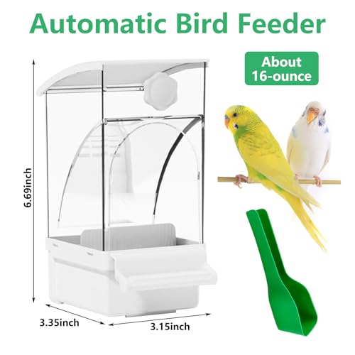 Hamiledyi 2Pcs Automatic Birds Feeder No Mess Bird Cage Feeder Transparent Acrylic Parrot Seed Food Container with Perch Bird Cage Accessories for Parakeet Finch Lovebirds Budgies Canary (White) - color: White Transparent - 2