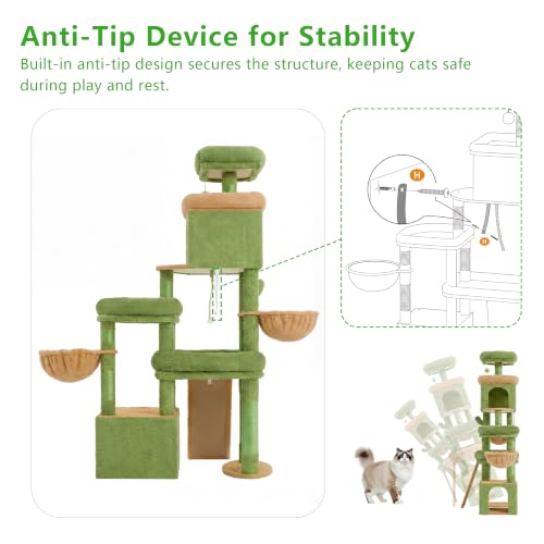 Heybly Cat Tree 72.4-Inch Anti-Tip Cat Tower with Spacious Perches HCT060GY - color: Green and Yellow