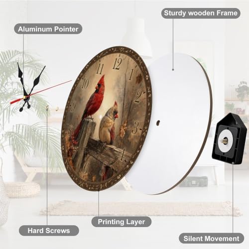 Two Cardinals Perched on Wooden Fence with Berries Round Wooden Wall Clock - color: Color12577, size: 9.8x9.8in