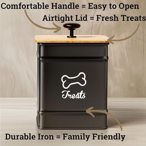 Dog Treat Container with Airtight Bamboo Lid, 5"W x 7"H, 7 Cup Capacity - color: Black - Small