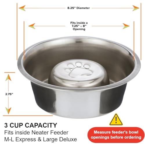 Neater Pet Brands Stainless Steel Slow Feed Dog Bowl for Fast Eating Large Breed, Metal Slow Feeder Dog Bowl Fits in Large Neater Feeders, for Puppy or Dogs (>40 lbs), 3 Cup Food Capacity - size: 3 Cup - Standard