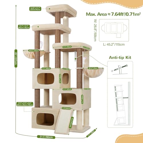 Globlazer 85 Inch Tall Cat Tree for Large Cats, Multi-Level Cat Tower for 4+ Cats with 3 Condos, 2 Hammocks & Sisal Posts, Heavy Duty Cat Tree Tower for Maine Coon, S85, Beige - color: Beige, size: 85 Inch