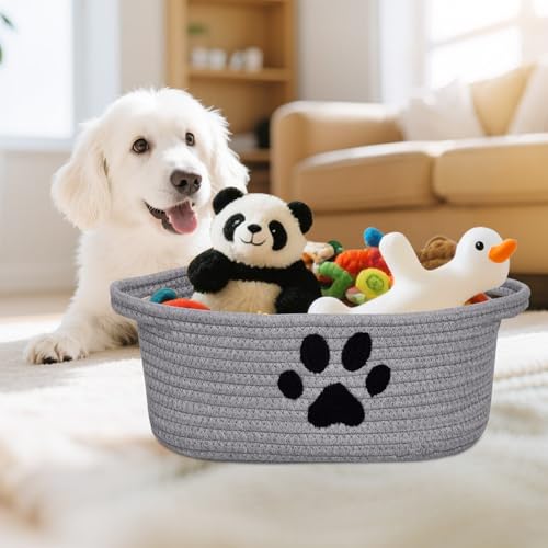 Small Woven Dog Toy Basket with Handle, Cute Paw - color: Grey