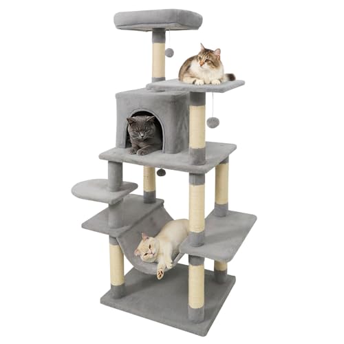 Tangkula 58 Inch Cat Tree Tower, Multi-Level Cat Tower with Sisal Scratching Posts, Padded Top Perch, Condo & Hammock, 3 Hanging Balls, Jumping Platforms for Indoor Cats (Light Gray) - color: Light Gray