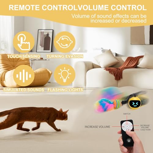 Electric Interactive Cat Feather Toy Ball for Indoor Cats,Turbo Tail Mouse Chase with LED Remote Control Cat Toy,Electric Automatic Moving Ball, Motion Activate Chirping Bird Sound Yellow - color: Yellow Ball
