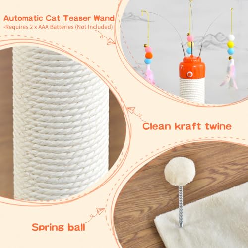 YARUOMY Cat Scratching Post ，33.4" Sisal Rope Cat Scratcher Tall Scratching Post for Indoor Cats with Interactive Cat Toys Automatic Teaser Wand and Rotating Hanging Balls - size: 33.4"H