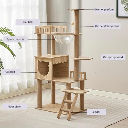 54-Inch Cat Tower,Multi-Level Pure Wood-Modern Cat Tree Tower with Condo, Cat Stairs, Bowl,9 Sisal Scratching Posts, Top Perch, Toy Balls,Cat Tree for Indoor Cats Large Adult (KT-1022) - size: KT-1022