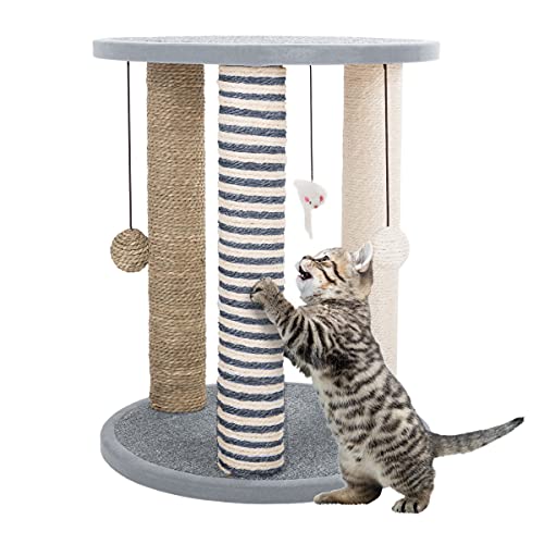 Cat Scratching Post - 3 Scratcher Posts with Carpeted Scratch Pad Base and Perch - Furniture Scratching Deterrent for Indoor Cats by PETMAKER (Gray) - color: Gray