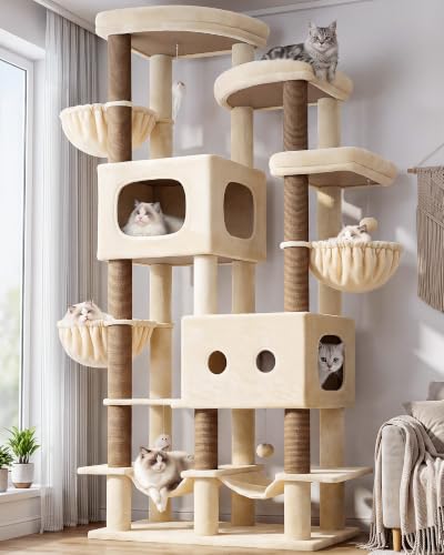 Globlazer 81in Multi-Level Larger Cat Tree Tower Condo Indoor Furniture Activity Center with Oversized Plush Cat Bed/Baskets/Full-Sisal Scratching Posts and Hammock/S81/Beige - color: Beige, size: 81 Inch