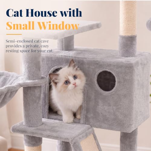 Hey-brother Cat Tree Tower with Padded Platform Bed, Hammock, MPJ019-SW - color: Light Gray