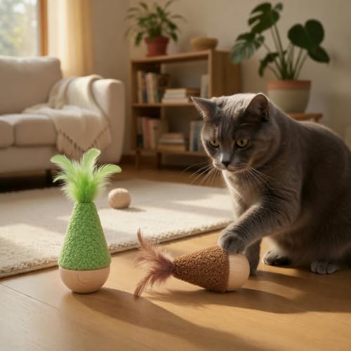 2 Pack Cat Feather Toys Wooden Tumbler - Interactive Wobble Self-Righting Plush Stuffed Toys for Indoor Cats & Kittens, Catnip Free Cute Kicker Chaser Set