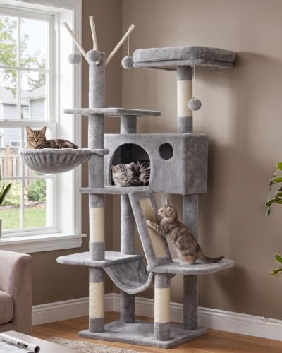 Hey-brother Cat Tree Tower with Padded Platform Bed, Hammock, MPJ019-SW - color: Light Gray