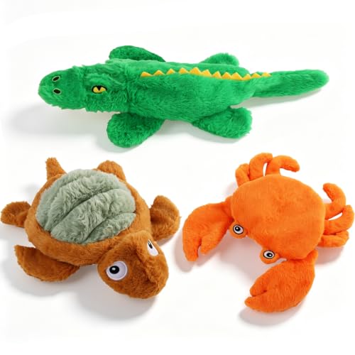 No Stuffing Dog Toys for Puppies, Small & Medium Dogs, 3 Pack Squeaky Crinkle Plush Toys for Teething & Anxiety Relief, Lightweight Interactive Animal Set to Keep Them Busy