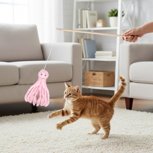 2-Pack Cat Toy Wand Set: Interactive Cat Teaser Wands with Bells and Streamers to Engage Your Cat’s Natural Instincts (Dog and Octopus) - color: Dog and Octopus