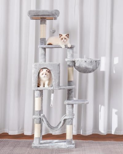 Hey-brother Cat Tree, Multi-Level Sisal Covered Scratching Posts, MPJ050W - color: Light Gray