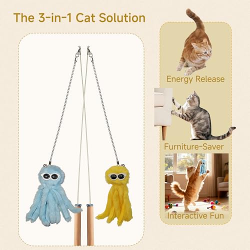 Octopus Cat Wand Toy Blue, Interactive Cat Toy Kit: Fun Wand Toy with Retractable Wand & 3 Feather Refills, Cat Feather Toy for Play Chase Exercise