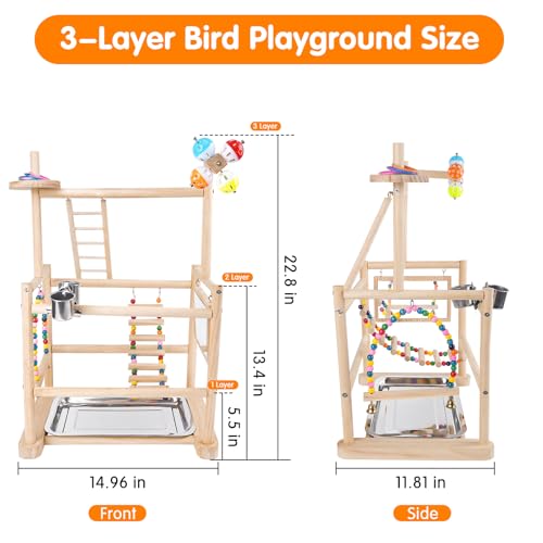 Bird Playground, 3 Tier Bird Perch Stand Parrot Playground Bird Tree with Parakeet Toys, Bird Ladder & Swing, Feeder Cups, Parakeet Mirror, and Removable Tray for Small to Medium Birds - size: 3 Tier