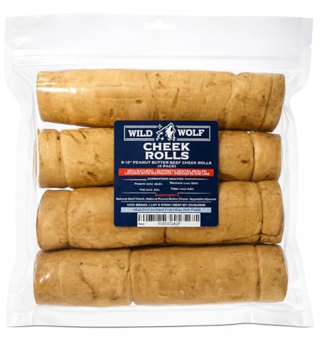 Wild Wolf 9-12" Peanut Butter Beef Collagen Cheek Rolls for Dogs (4 Pack) - 100% Natural Big Dog Chew - No Rawhide - Free-Range Grass-Fed, Packed with Protein - for Aggressive Chewers